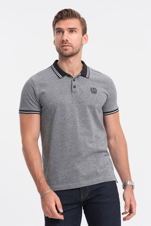 OMBRE, Galléros póló kontrasztos szegélyekkel, Melange fekete