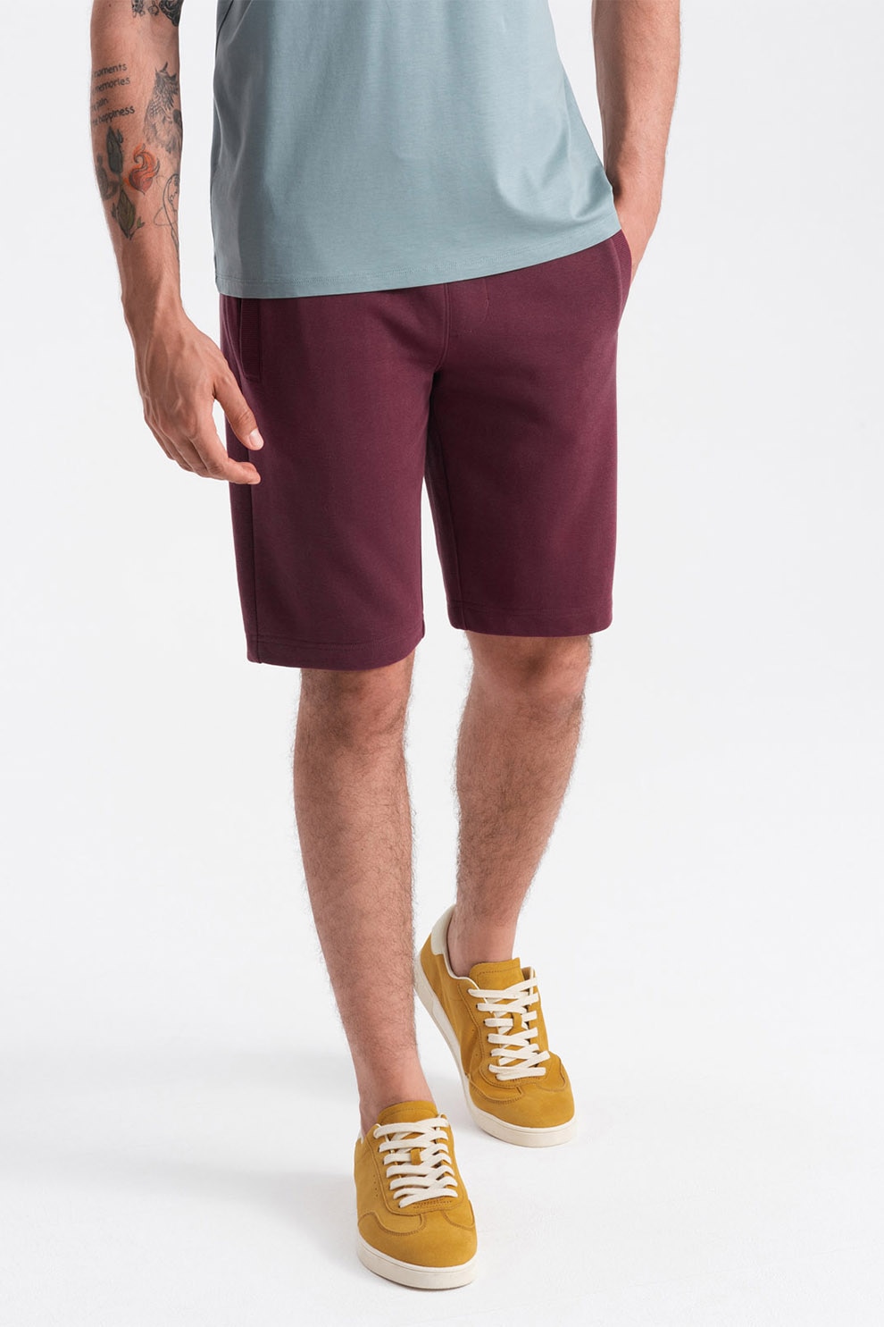 OMBRE, Pantaloni scurti de bumbac cu talie ajustabila, Visiniu, S