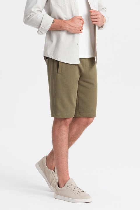 OMBRE, Pamut rövidnadrág állítható derékrésszel, Olívazöld