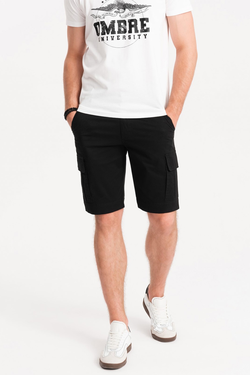 OMBRE, Pantaloni scurti cargo din amestec de bumbac cu buzunare multiple, Negru, XL