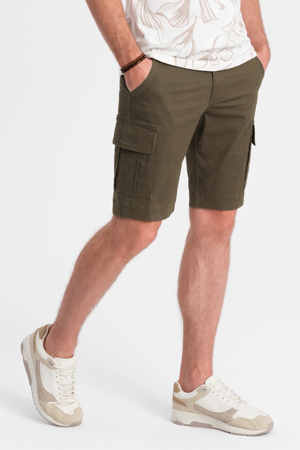 OMBRE, Pantaloni scurti cargo din amestec de bumbac cu buzunare multiple, Kaki, L