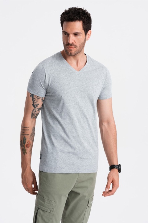 OMBRE, V-nyakú póló, Melange szürke