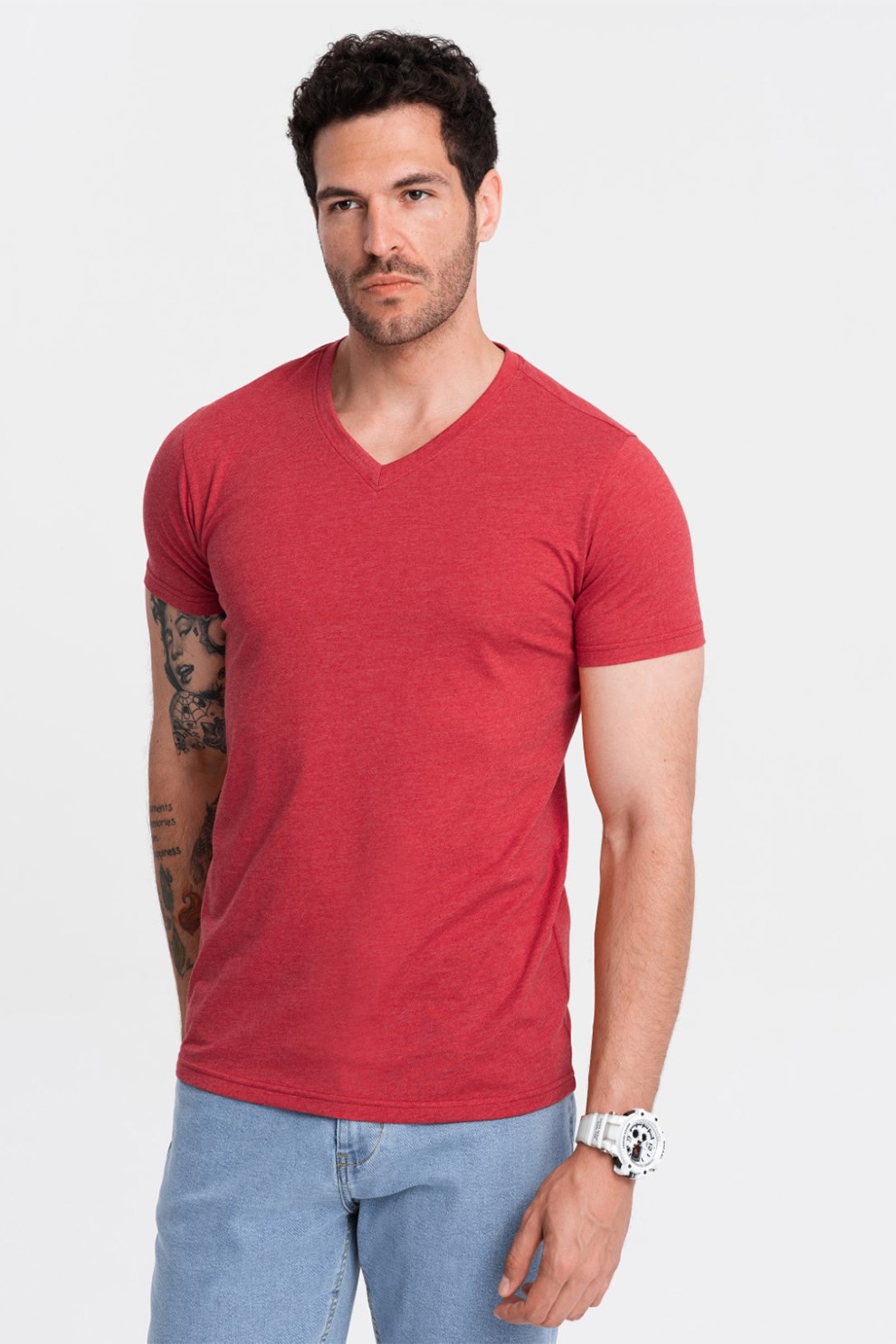 OMBRE, Tricou cu decolteu in V, Rosu melage, M