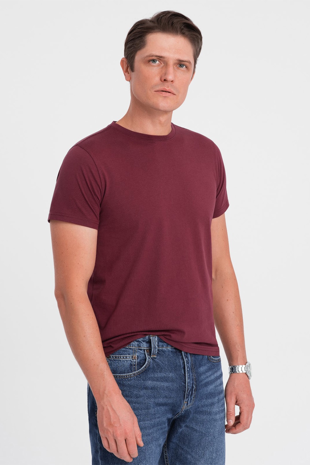 OMBRE, Tricou uni cu decolteu la baza gatului, Visiniu, S