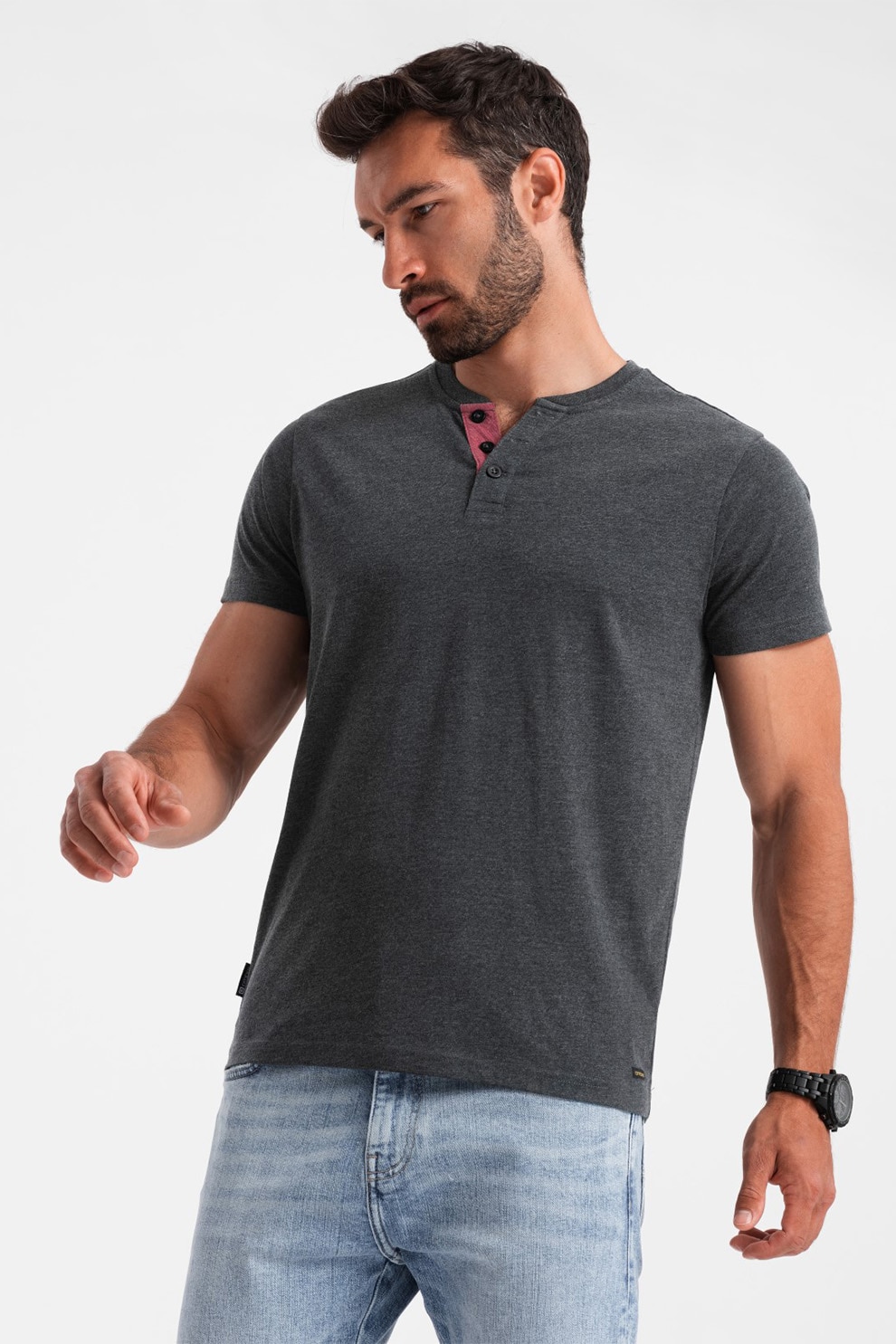 OMBRE, Tricou cu model uni si decolteu henley, Negru stins, S