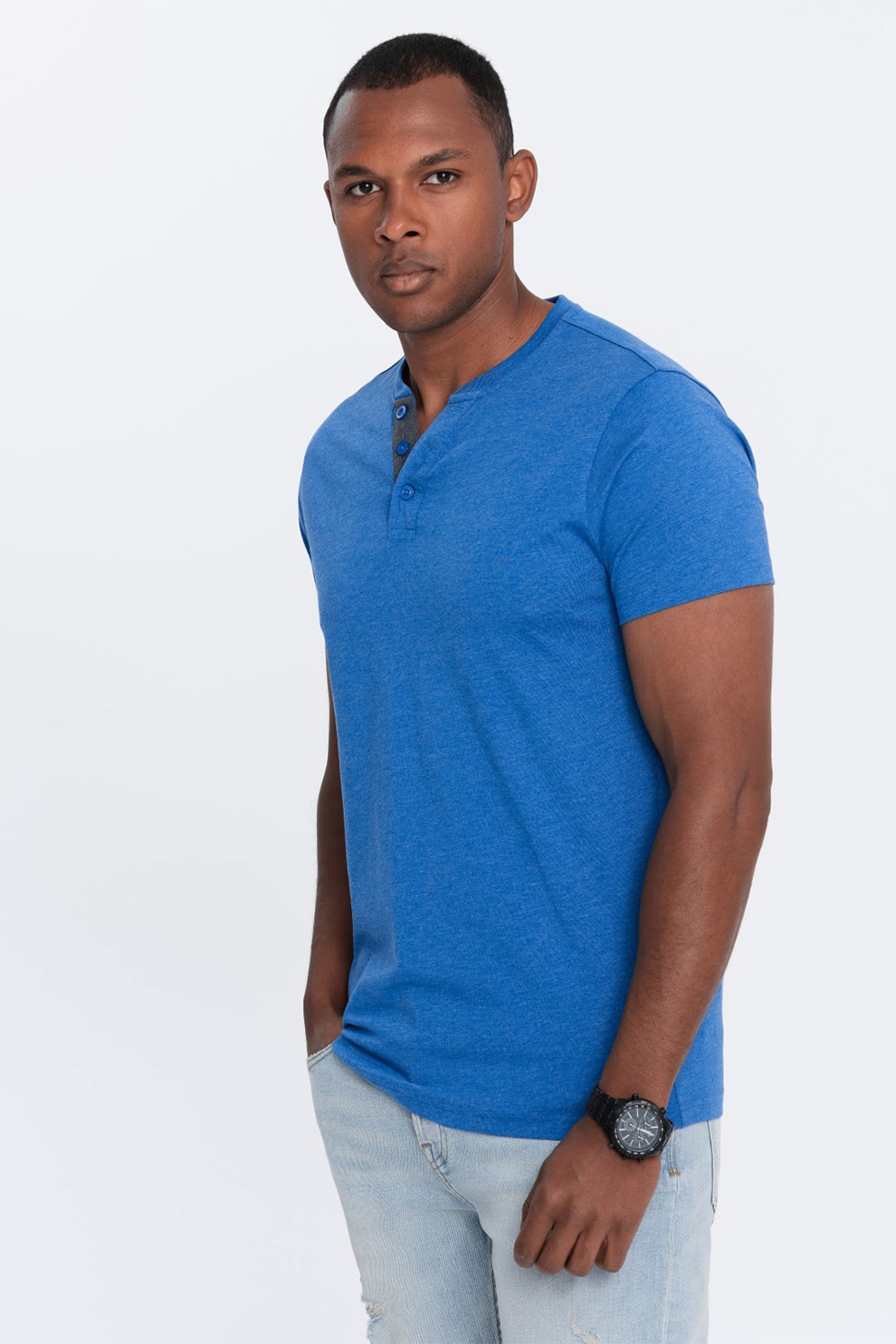 OMBRE, Tricou cu model uni si decolteu henley, Albastru royal, M