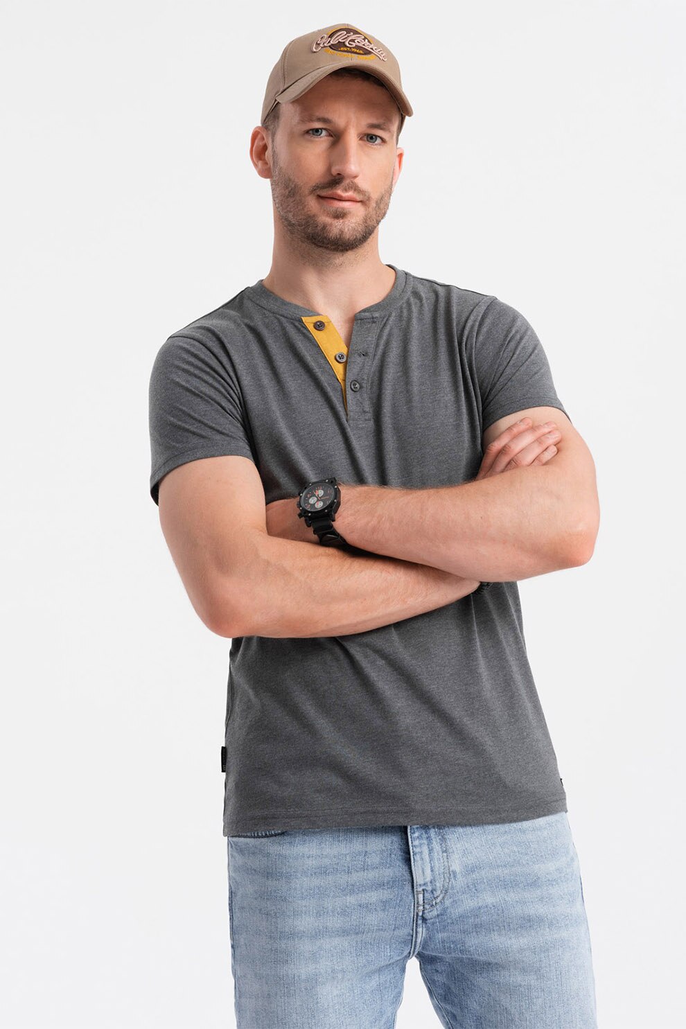 OMBRE, Tricou cu model uni si decolteu henley, Gri inchis, L