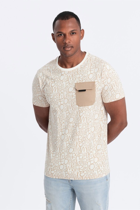 OMBRE, Mintás póló mellzsebbel, Bézs/Krémszín