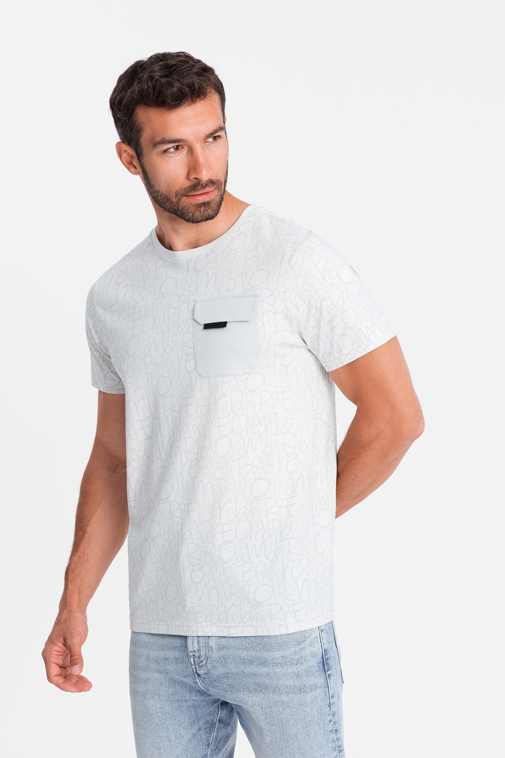 OMBRE, Tricou cu model si buzunar pe piept, Gri deschis, Alb murdar, S