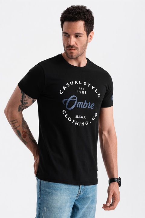 OMBRE, Normál fazonú kerek nyakú póló mintával, Fekete