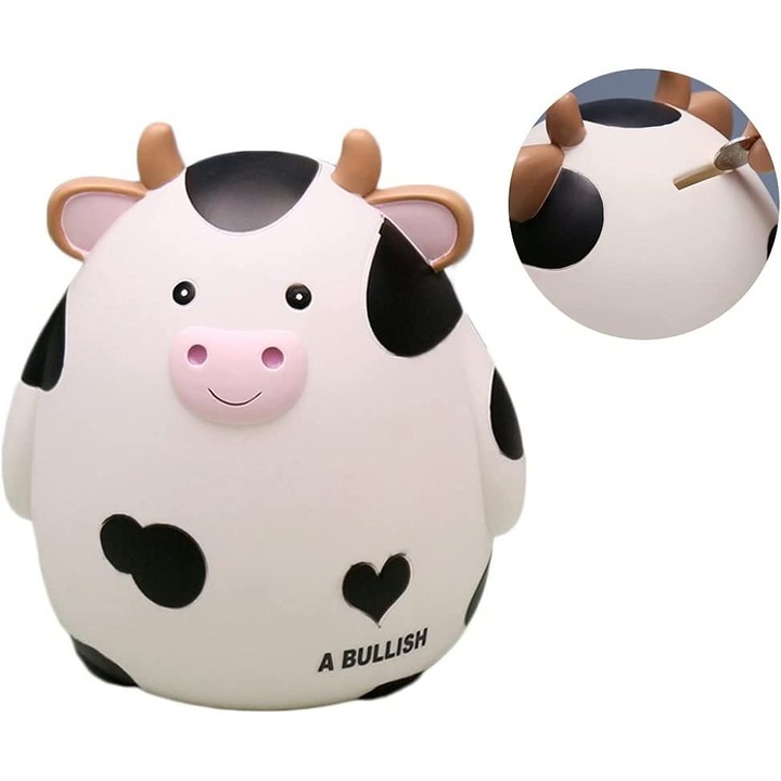 Banca de economii pentru copii, Enforose, design vaca, capacitate 1000 monede, 10x10x15cm