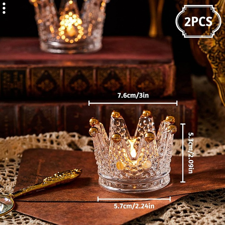 Set 2 suporturi lumanari cristal coroana transparent auriu 5.8x5x7.5cm
