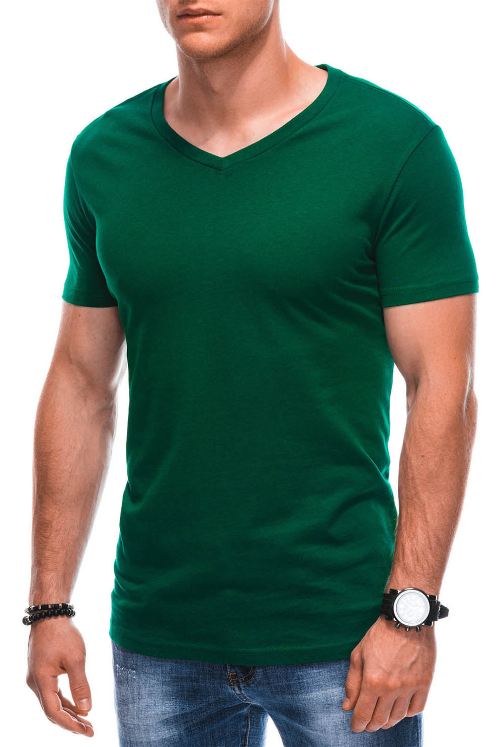 EDOTI, Tricou din bumbac cu decolteu in V, Verde padure, L