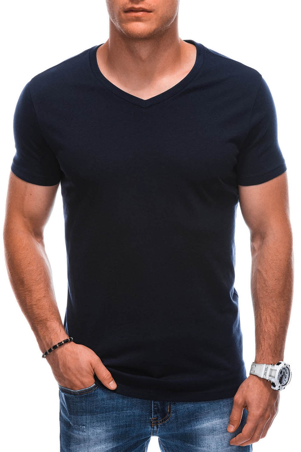 EDOTI, Tricou din bumbac cu decolteu in V, Albastru ultramarin, S