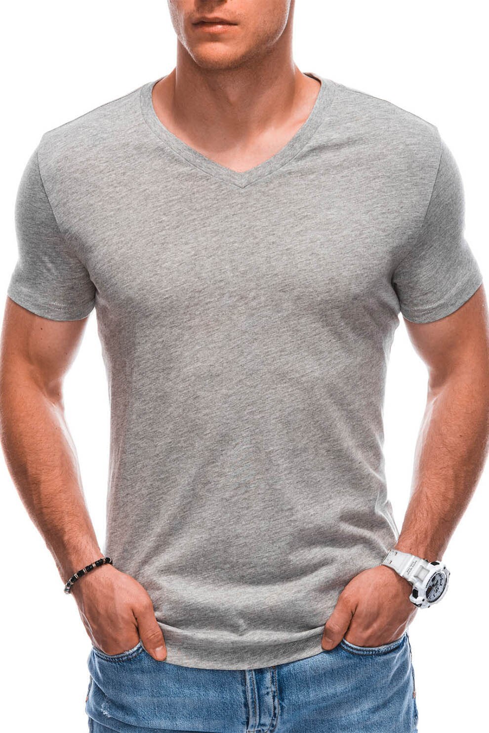 EDOTI, Tricou din bumbac cu decolteu in V, Gri melange, M