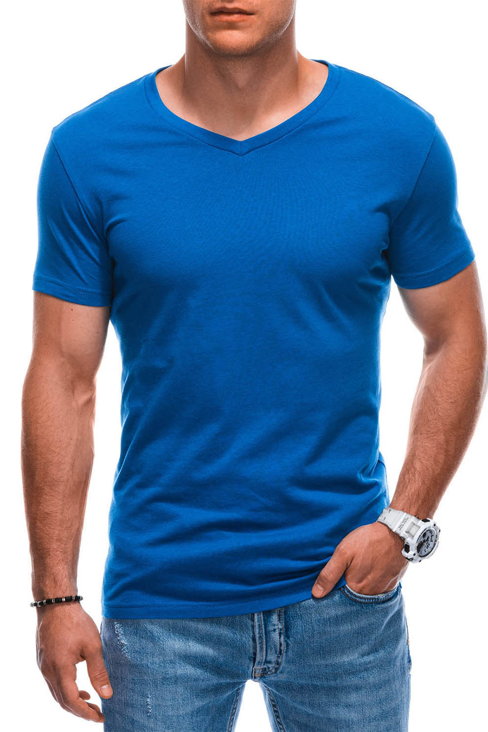 EDOTI, Tricou din bumbac cu decolteu in V, Albastru royal, S