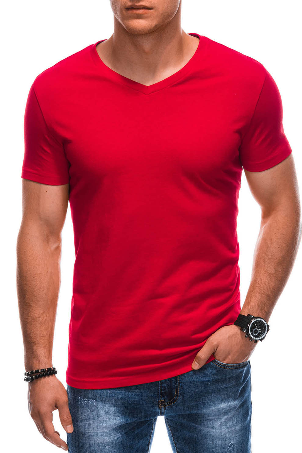 EDOTI, Tricou din bumbac cu decolteu in V, Rosu, L
