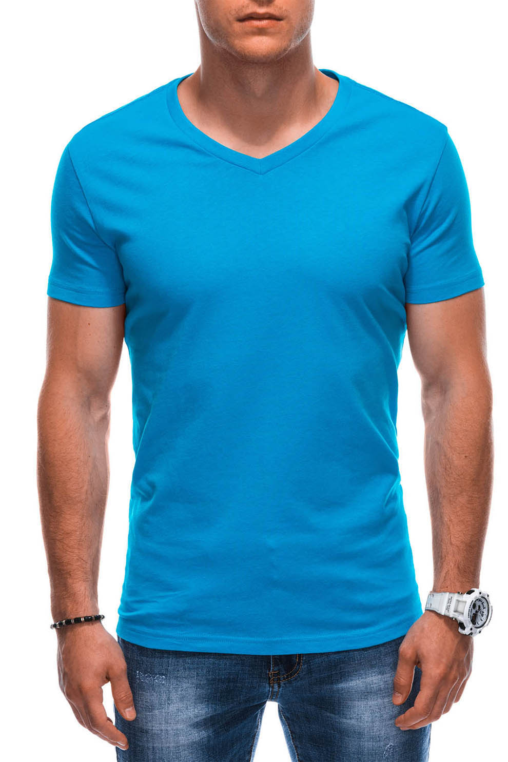 EDOTI, Tricou din bumbac cu decolteu in V, Turcoaz, 2XL