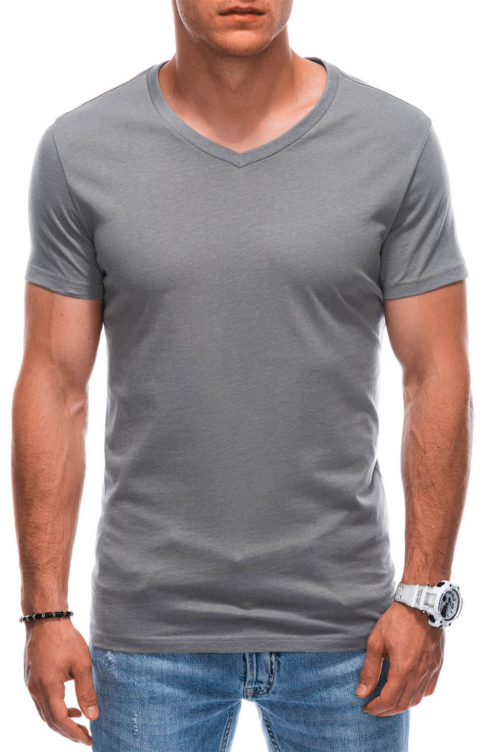 EDOTI, Tricou din bumbac cu decolteu in V, Gri inchis, M