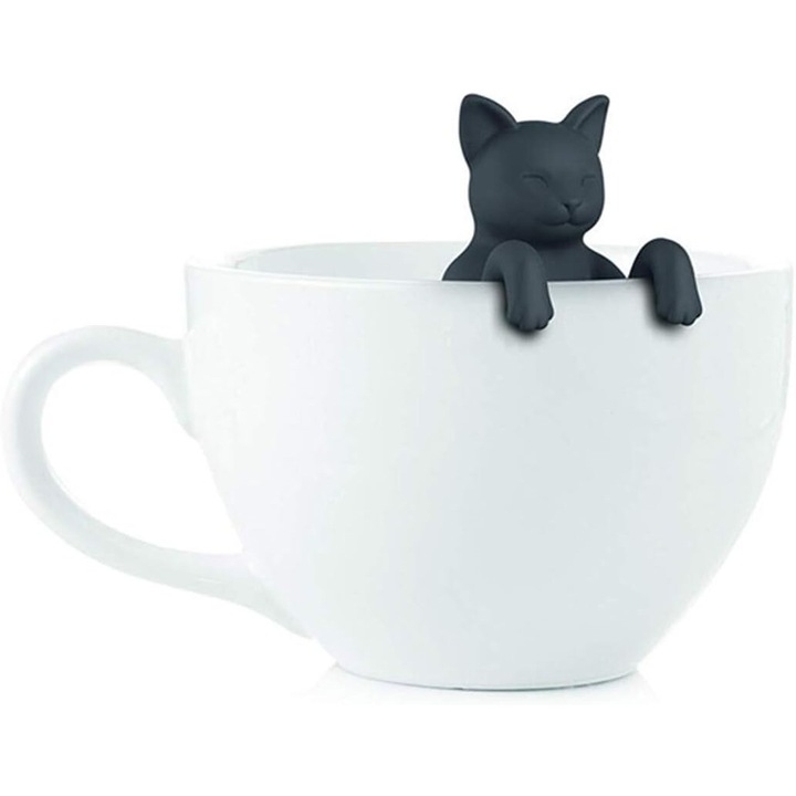 Инфузер за чай, 2 броя, силикон, котешки дизайн, сиво и черно