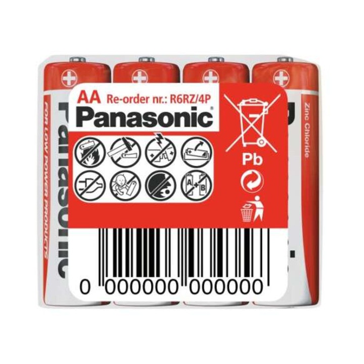 Комплект от 4 батерии, Panasonic, R6 AA, Zinc Carbon, 1.5V