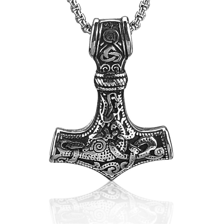 Колие с амулет на викингския чук на Тор, неръждаема стомана, 43x31x10 мм, верига 60 см