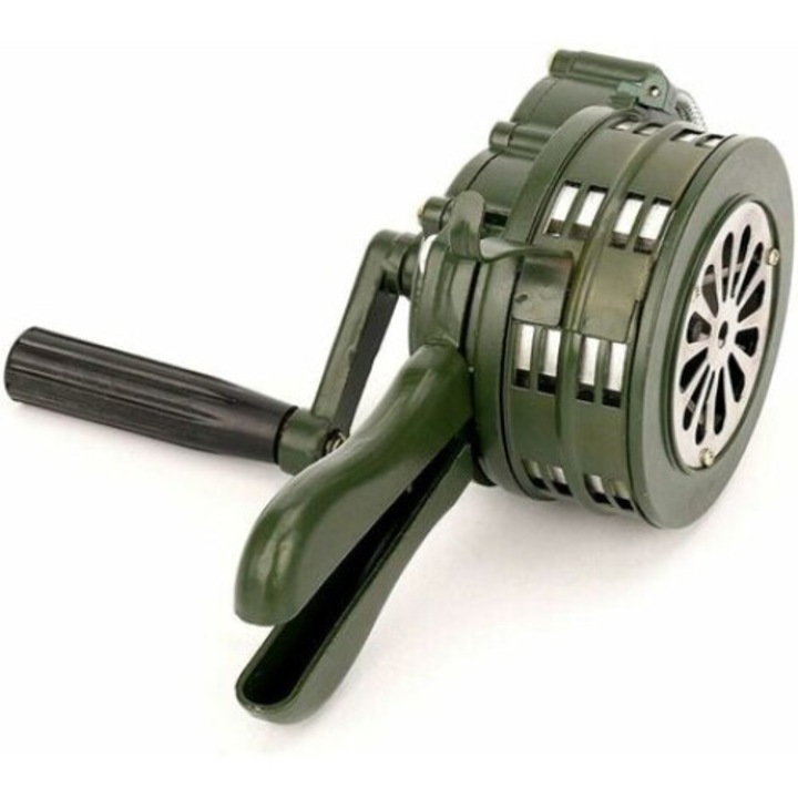 Alarma portabila cu manivelă 110dB, metalica, verde/argintiu