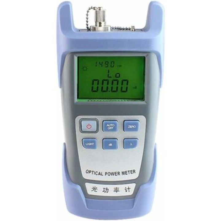 Száloptikai teszter, -70 dBm és +10 dBm között, 2,5 mm-es univerzális csatlakozó, FC / SC / ST interfész, 19 cm, kék / szürke