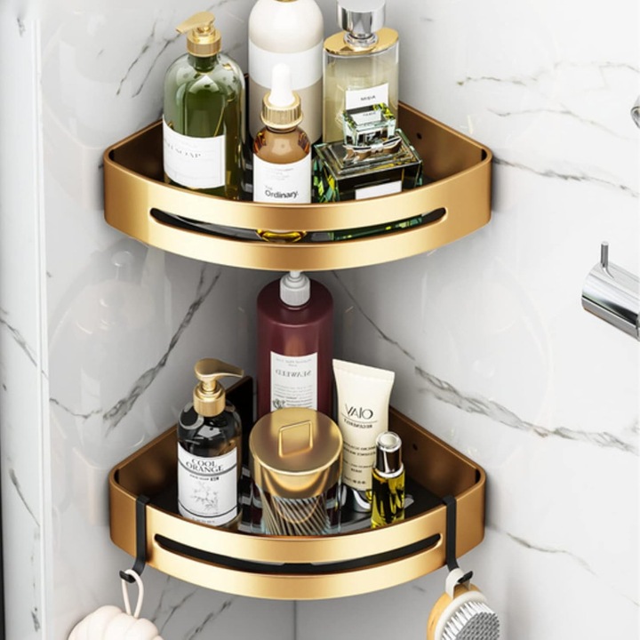 Set 2 rafturi colt pentru dus, fara gaurire, finisaj mat, cu carlig, inox, 30x22x4cm