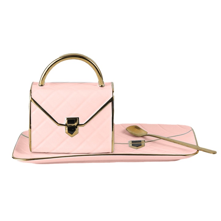 Set Ceasca/Lingura/Farfurie pentru ceai, Model Geanta, Ceramica, Roz, 310ml