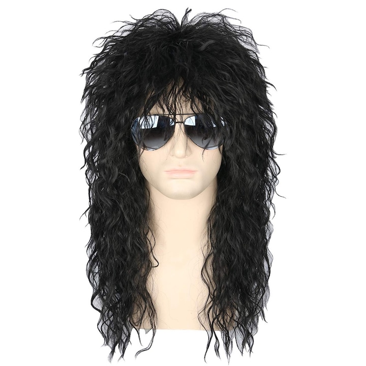 Peruca stil mullet anii '80, sintetica, negru, 50 cm