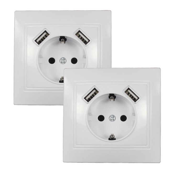 Комплект контакти за стена с 2 USB порта, 2.8 A, бели, малък размер