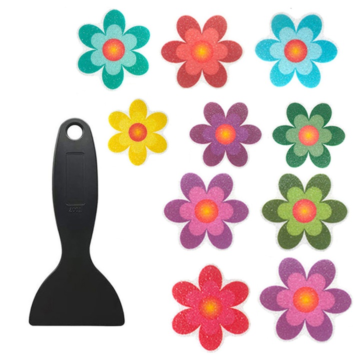 Set 10 Stickere Antiderapante, Flori Colorate, 6 mari (12cm) si 4 mici (8cm)