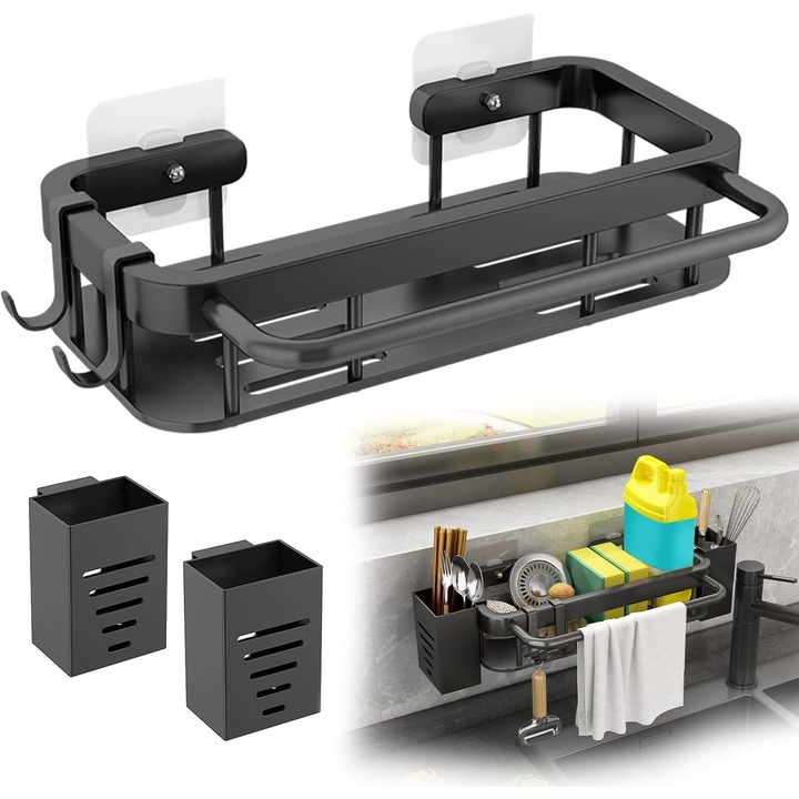 Organizator chiuveta, inox, cu 2 tuburi depozitare, 30 x 13.5 x 6 cm, negru