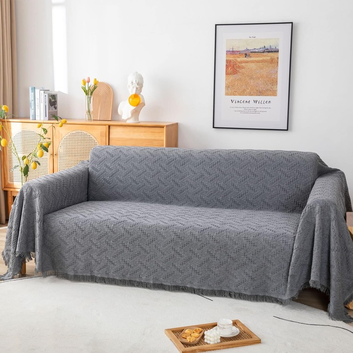 Cuvertura pentru Canapea, Bumbac, cu Franjuri Decorative, 180 x 300 cm, Gri