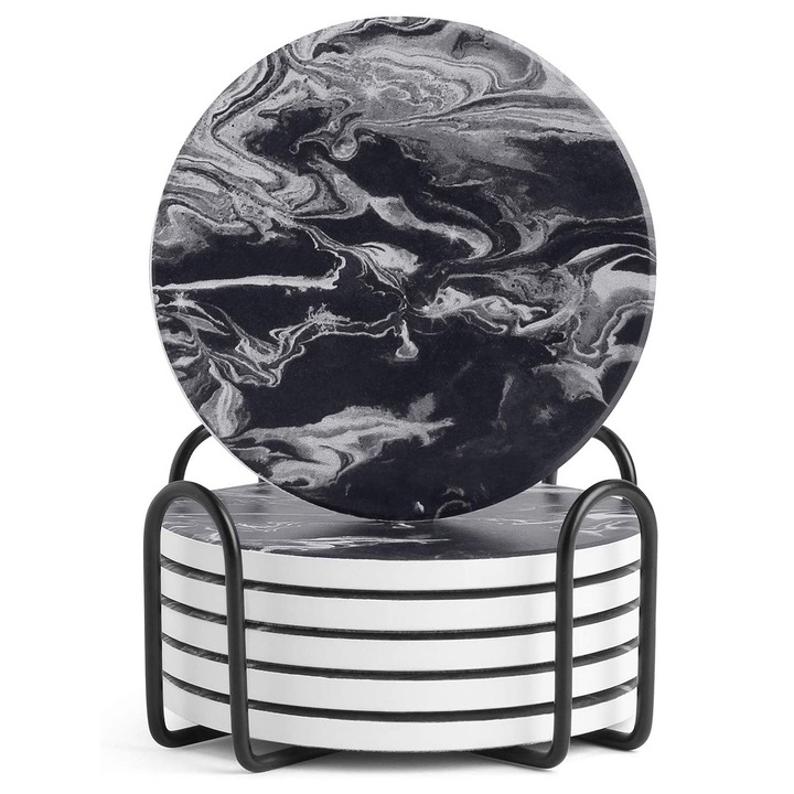 Italalátét készlet, 6 kerek kerámia alátét, fekete márvány mintával, fém talppal, 10x11 cm