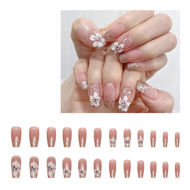 Set 24 unghii false, design Flori, lucioase, 20g, Nude