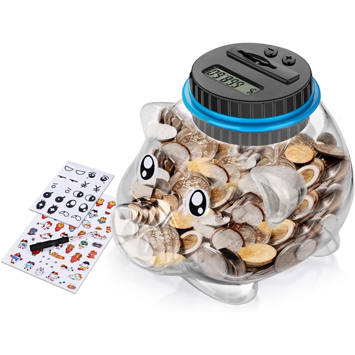 Дигитална касичка за монети, AMRINUGL, дизайн „прасенце“, прозрачен LCD екран, вместимост 1 литър
