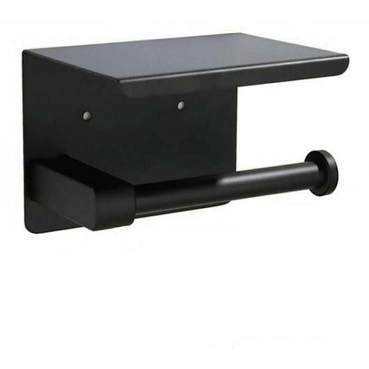 Suport hartie igienica cu raft, QttvbTna, inox, montare prin gaurire/lipire, negru, 13.5x10x10cm