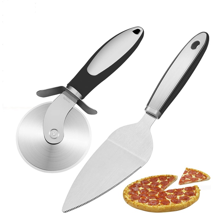 2 darabos rozsdamentes acél pizzavágó készlet vas nyéllel, színes dobozban