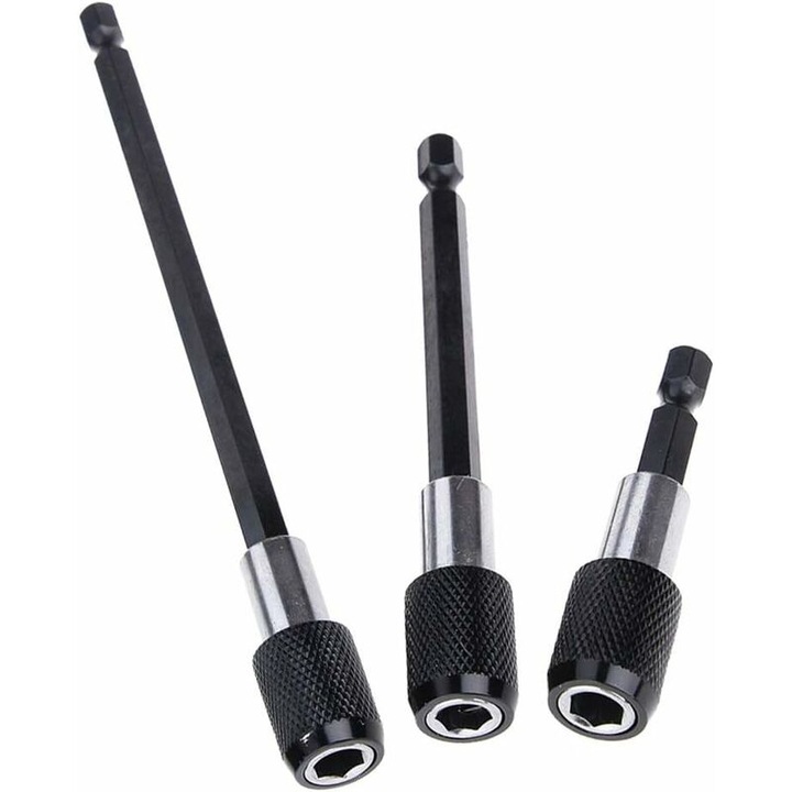 3 db mágneses csavarhúzó bittartó készlet, 6,35 mm-es hatszögletű szár, hossza 60 mm, 100 mm, 150 mm, fekete és ezüst