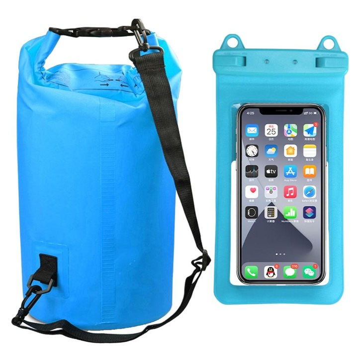 Geanta impermeabila pentru umar, galeata impermeabila plasa + carlig dublu Geanta pentru telefon mobil din PVC, 500D, PVC, 10L, TOIITKQ, albastru deschis