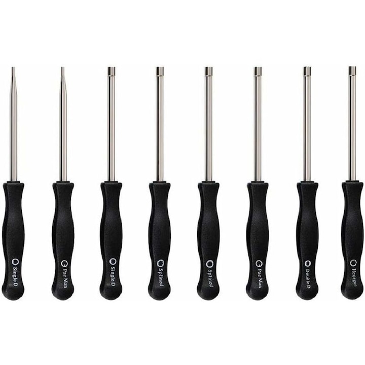 8 db karburátor állító csavarhúzó készlet, különböző fejjel, rozsdamentes acél, ezüst/fekete