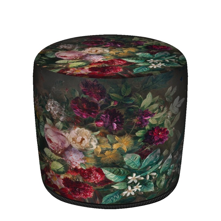 Zsámoly, Bertoni, polisztirol granulátummal töltve, levehető huzattal, nyomattal, Csokor, 36x36x36 cm, Fekete/Muktifloral