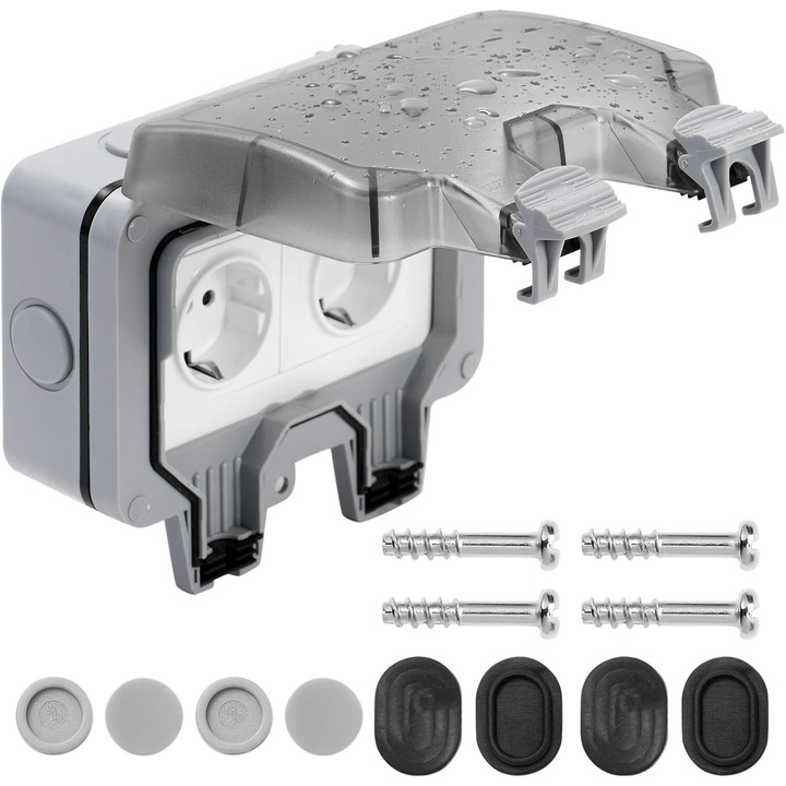 Priza exterioara rezistenta la intemperii, Enforose, IP66, cu capac transparent, montare pe perete, cu lacat, material PC, pentru gradini si ateliere