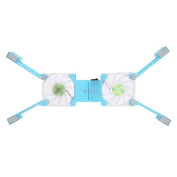 Suport racire laptop, pliabil, cu doua ventilatoare, lumini LED albastre, 60x60x12mm, albastru