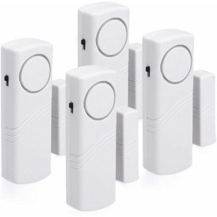 Set de 4 Alarme Wireless pentru Usi si Feronerie, 100dB, Alb, Dimensiuni Transmitator 9x3x2cm, Dimensiuni Receptie 5x1x1.5cm