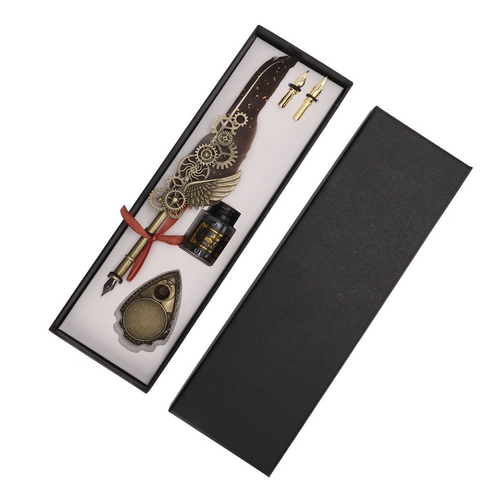 Set stilou cu pana si cerneala, 27.8x9x4.4cm, bronz, otel inoxidabil