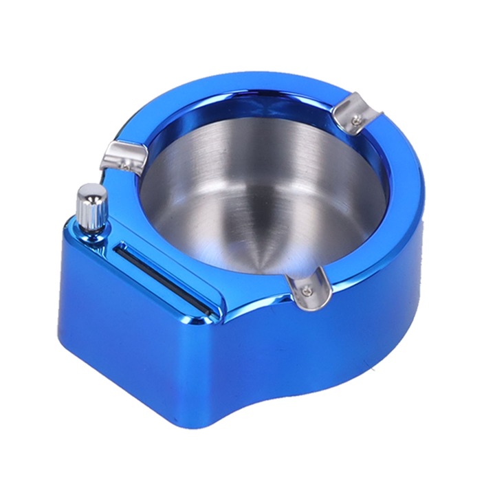 Többfunkciós hamutartó öngyújtóval, Longziming, Rozsdamentes acél, 113x99x47mm, 276g, Ezüst/Kék