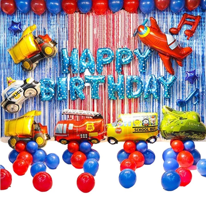 Autó ballon készlet, Cars, 7 alumínium fólia autók Különböző modellek, 54 latex lufi és alumínium fólia lufi, Boldog születésnapot léggömb banner, 3 dekoratív függöny, 1 dekoratív banner, Szivattyú, Dupla ragasztószalag